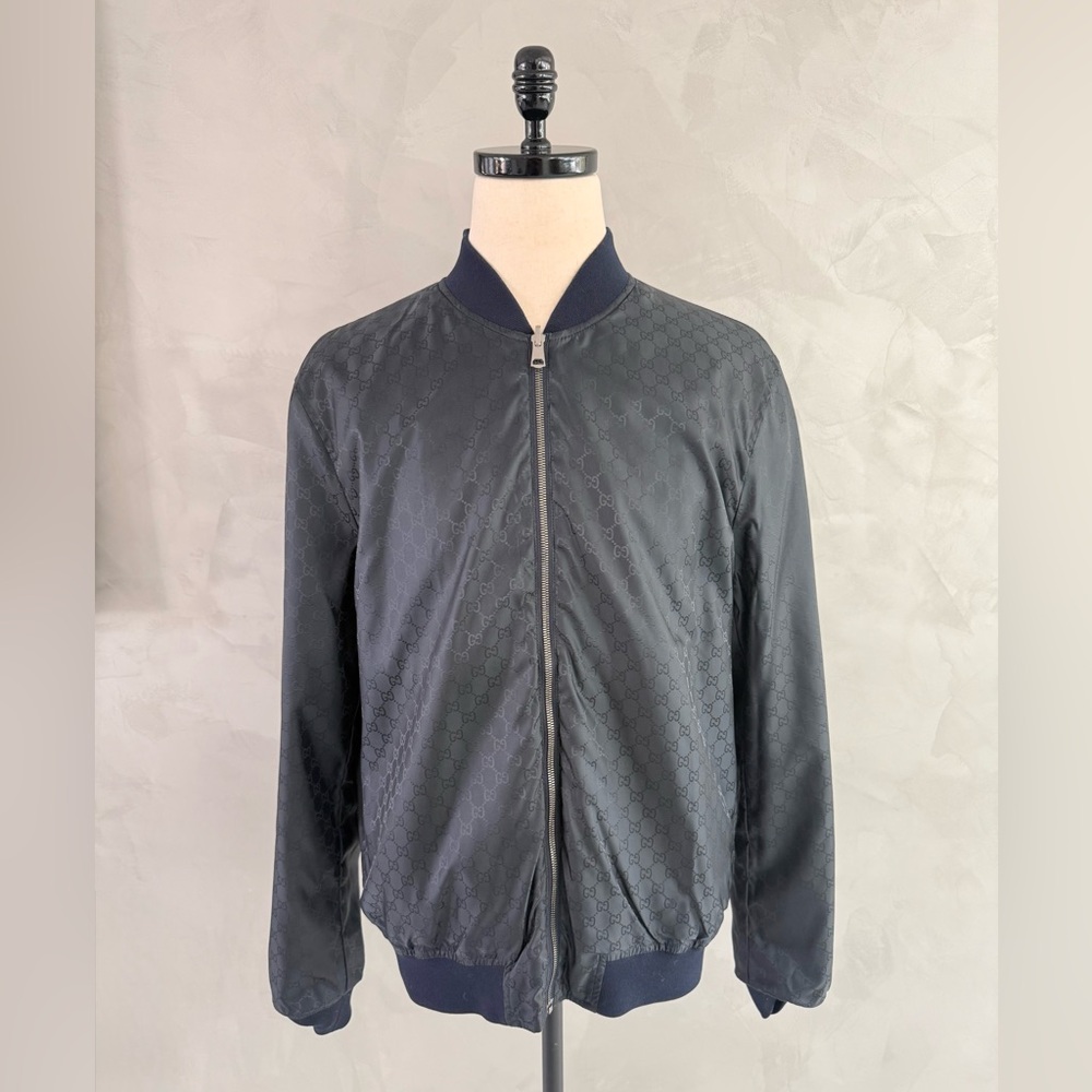 Gucci GG Pattern Navy Blue Reversible Bomber Jacket Size 54